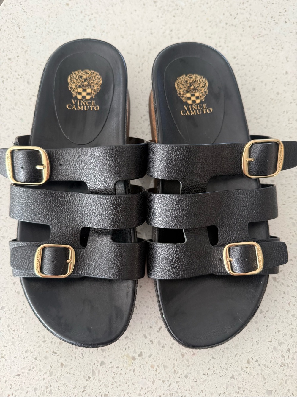 Vince Camuto Black Slide Sandals with Gold Buckle Detail